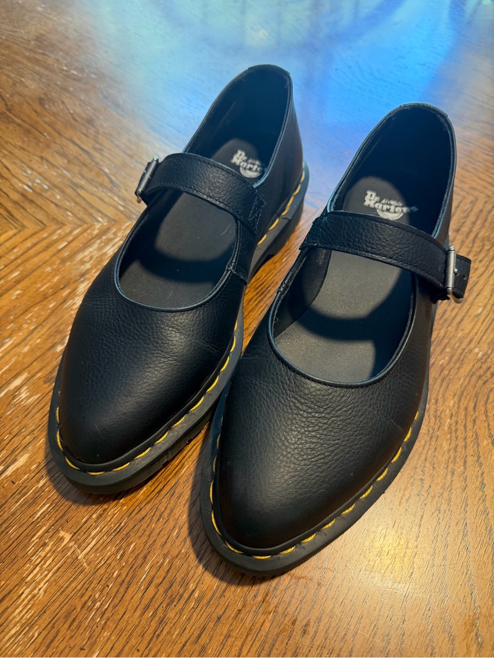 Dr. Martens Black Mary Jane Shoes with Yellow Stitching